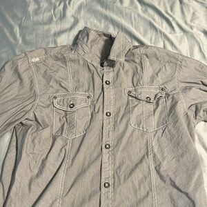 BKE slim fit button up shirt. Gray with stripes.